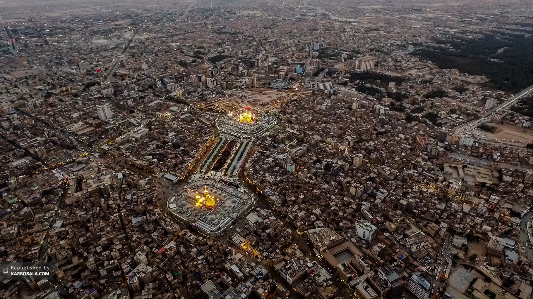 تصویر هوایی از حرمین شریفین در شهر کربلا